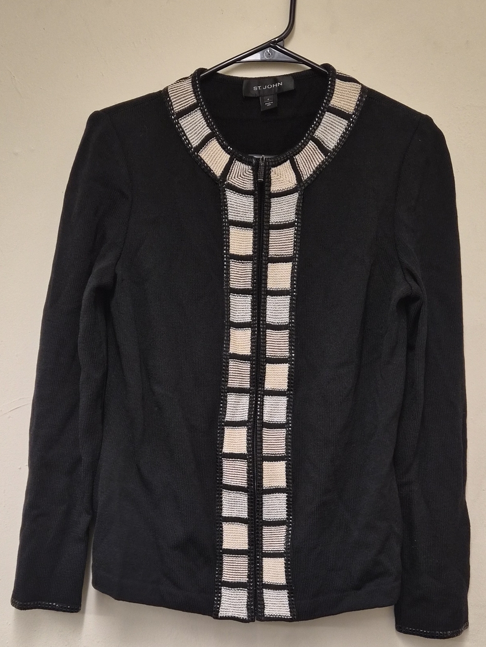 St. John Black Knit Jacket with Cream and White Beaded Trim Size 4